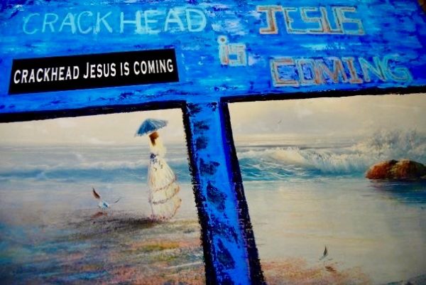 Crackhead Jesus Is Coming On Sign Near Woman On Beach.