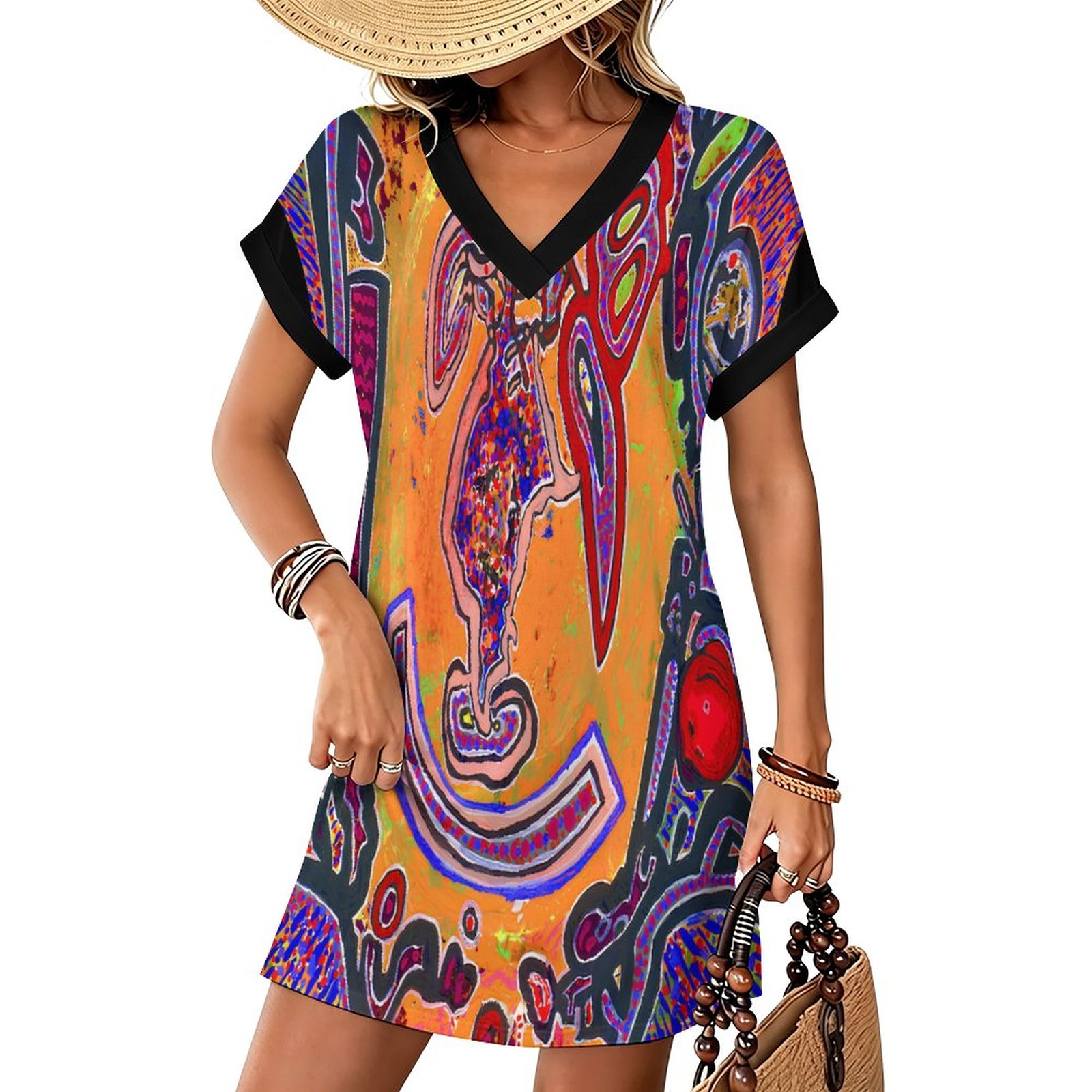 "Multicolored Titties in a Titty Vortex" Casual V Neck Dress For Women - Image 2