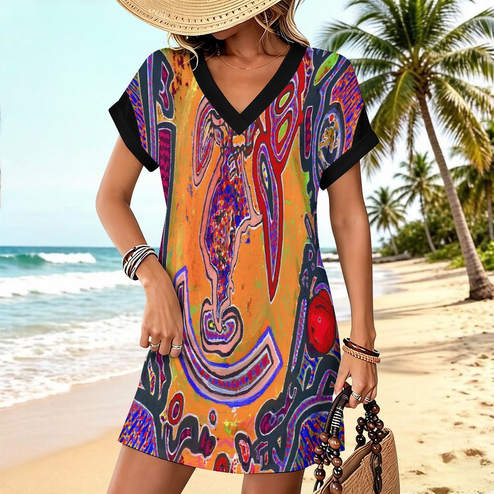 "Multicolored Titties in a Titty Vortex" Casual V Neck Dress For Women - Image 3