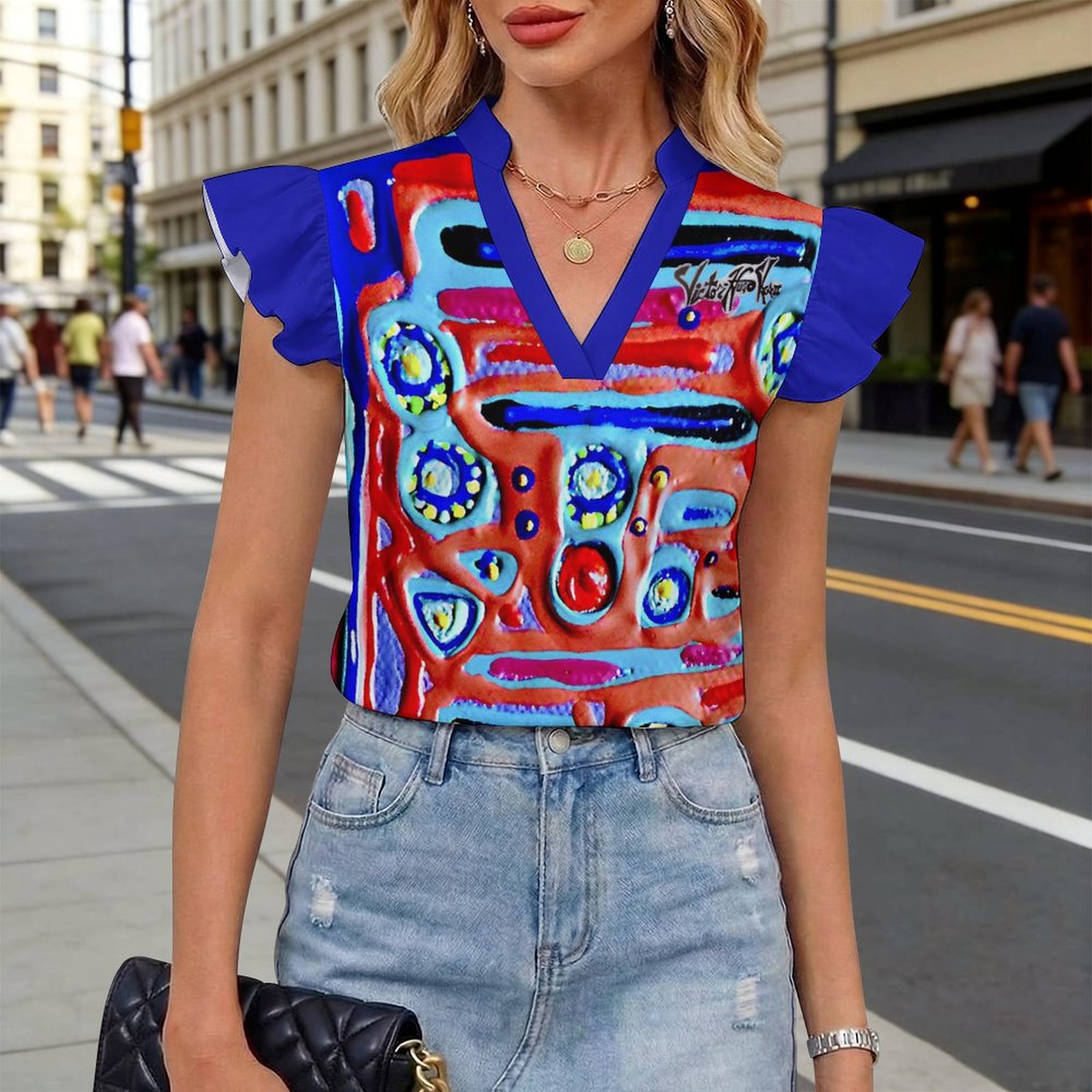 "Blue Symphony" Ruffled V Neck Shirt