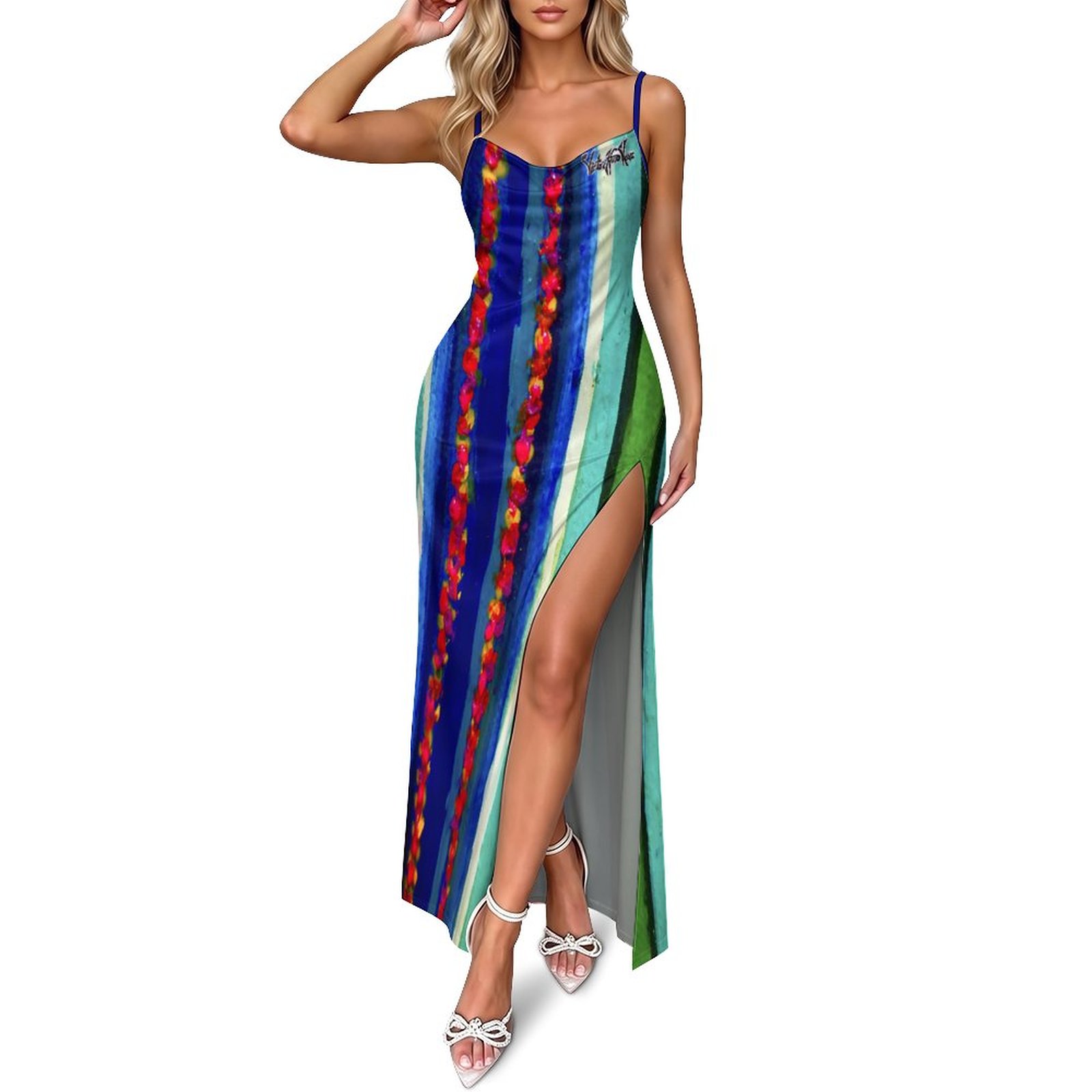 "Blue Green Color Stream" Women's Camisole Slit Dress - Image 2