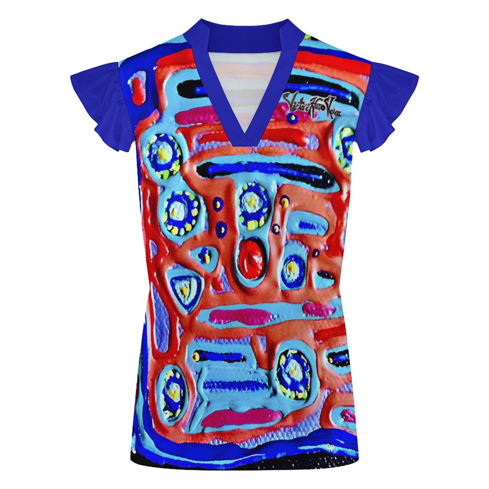 "Blue Symphony" Ruffled V Neck Shirt - Image 2