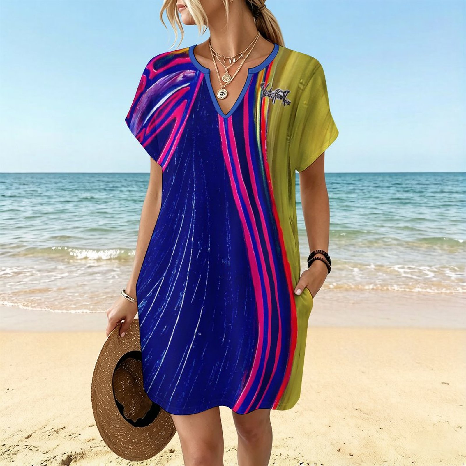 "Divine Pink" Women's Casual V Neck Dress - Image 2