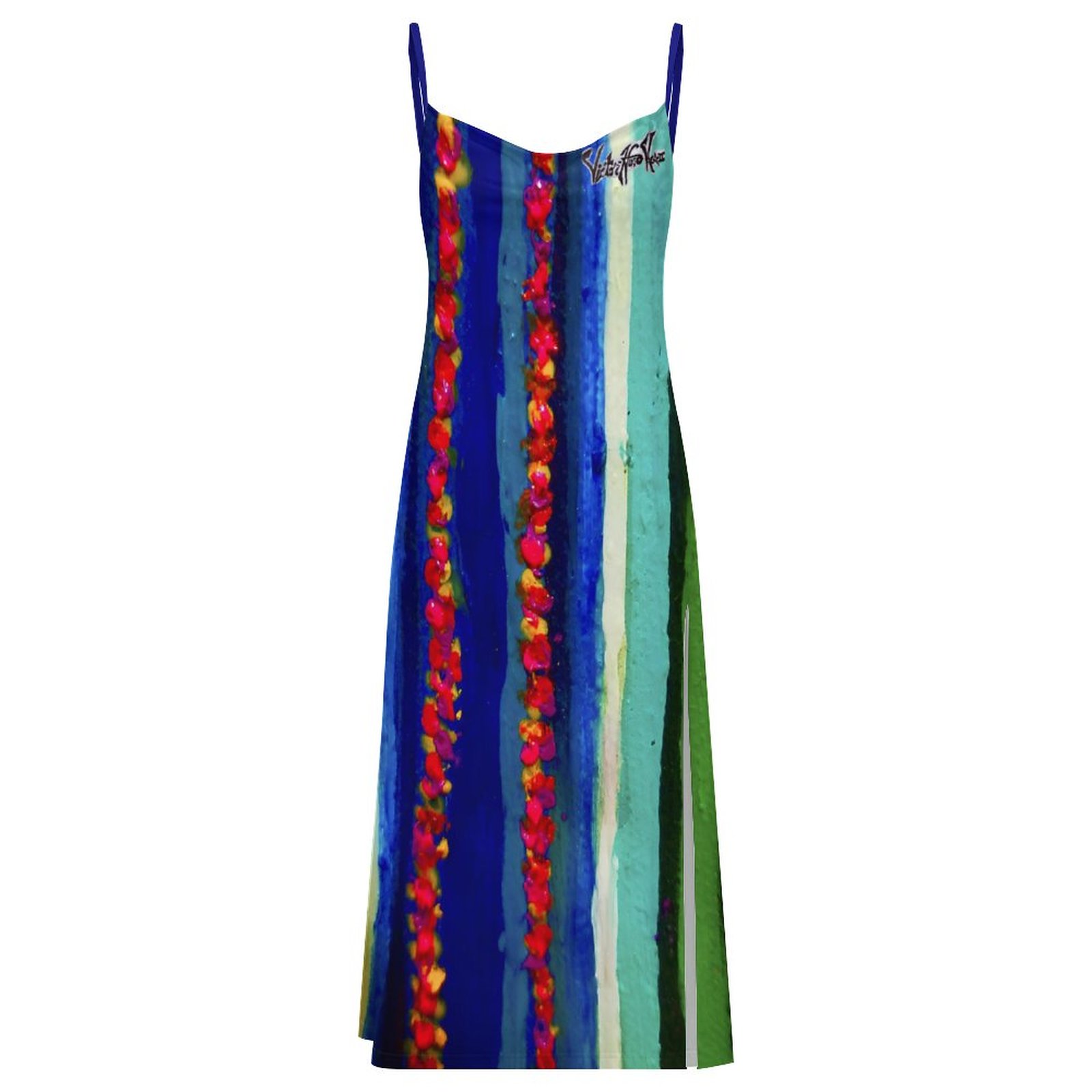"Blue Green Color Stream" Women's Camisole Slit Dress - Image 4