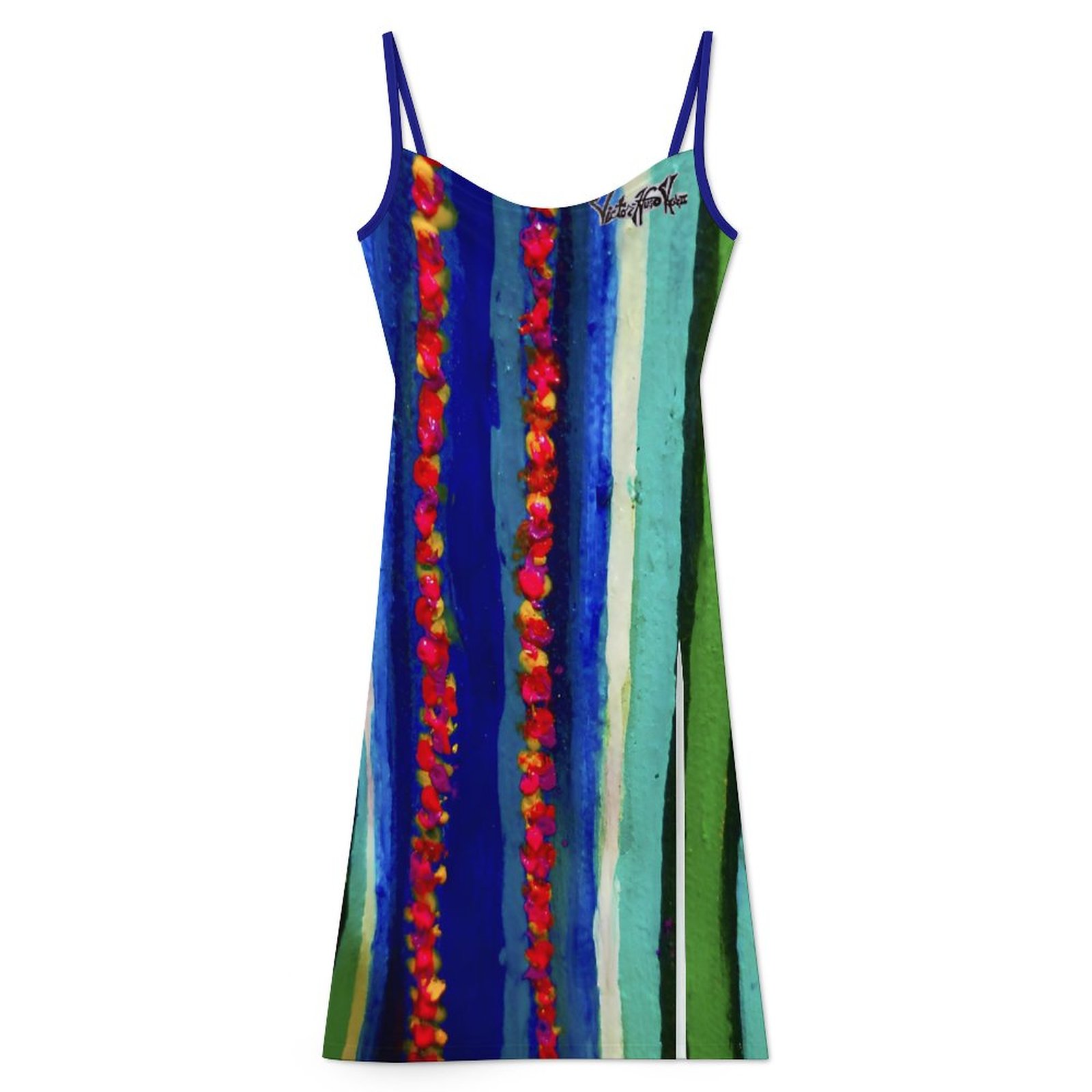 "Blue Green Color Stream" Women's Camisole Slit Dress - Image 3